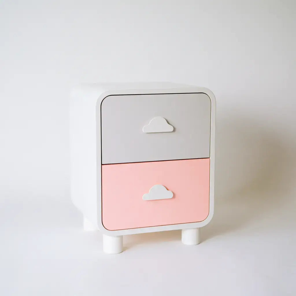 Mesita de noche con cajones con tiradores triangulares - blanco/rosa