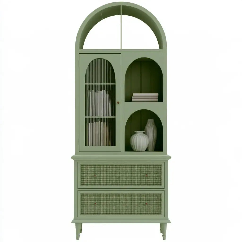 Vitrina con remate arqueado y paneles de rejilla - verde